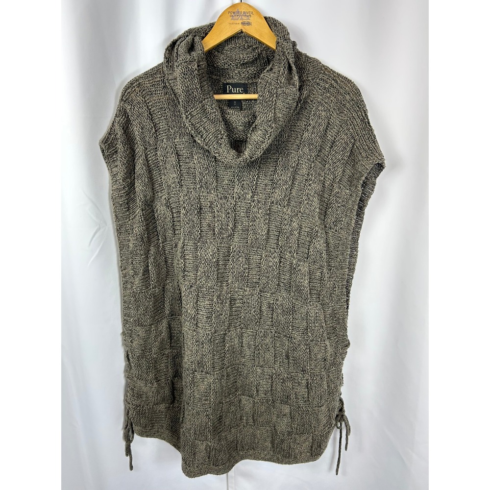 Pure Handknit Brown Cowl Neck Poncho Sweater Side Lace Up Boho‎ Knit Small